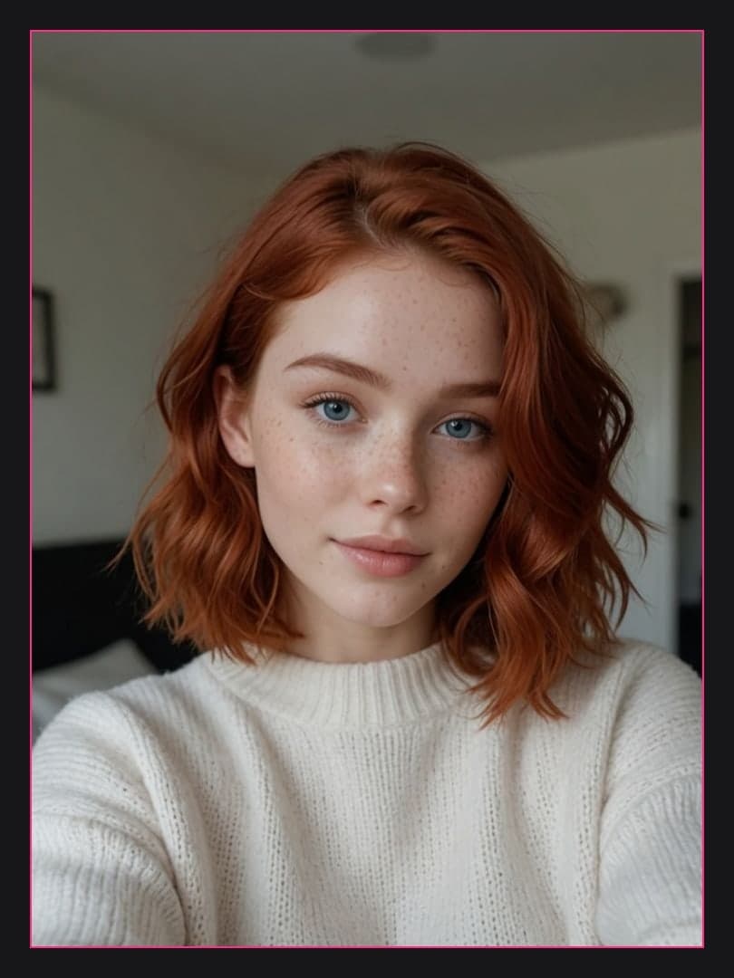 Redhead sweater bedroom portrait