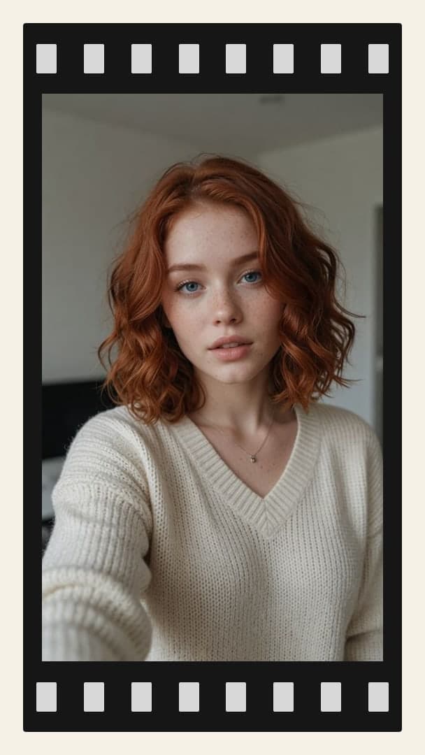 Wavy redhead sweater selfie indoors