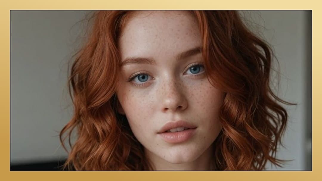 Redhead wavy hair blue eyes portrait