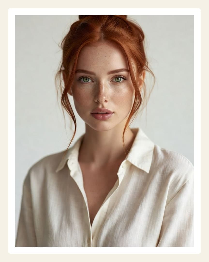 Redhead unbuttoned linen shirt portrait