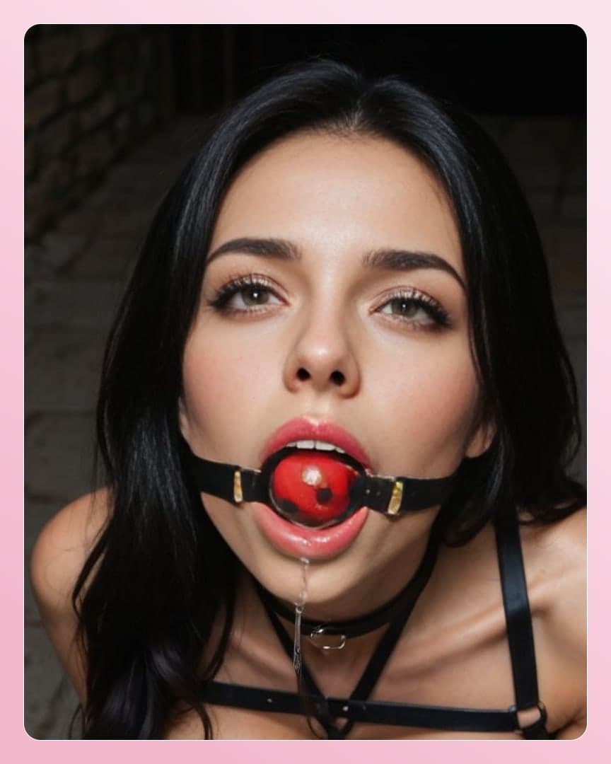 Raven hair leather gag close-up