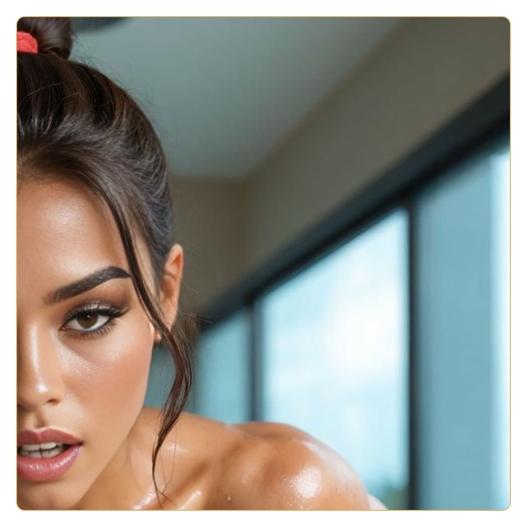 Oiled topless close-up in bright room