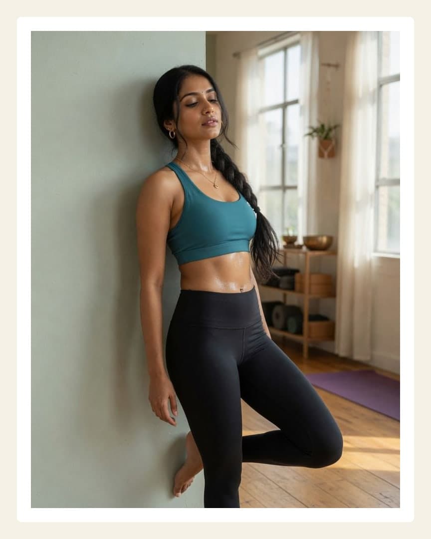 Sweaty yoga pose in teal sports bra