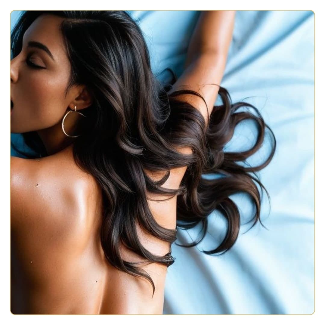 Long wavy hair on blue sheets