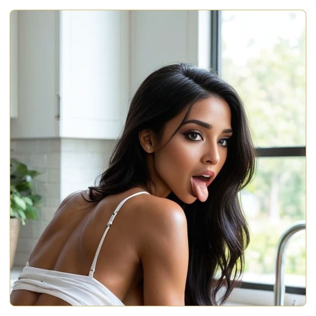 Kitchen close-up tongue out selfie