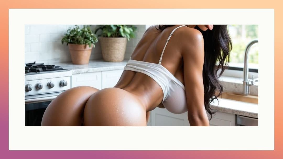 Young adult bent over kitchen counter