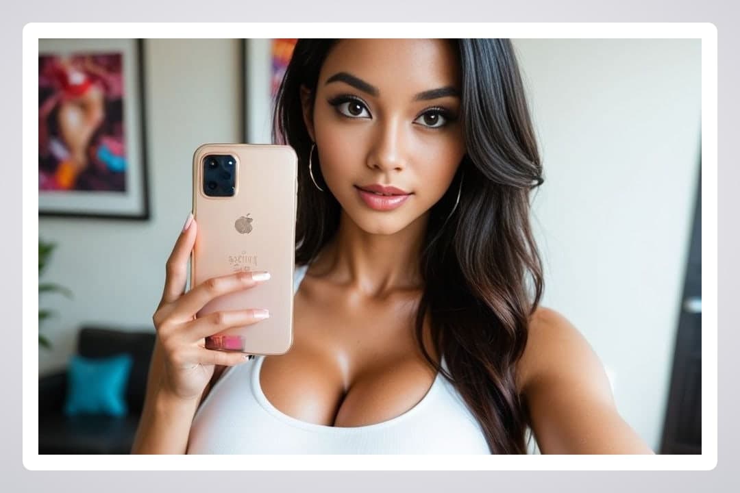 Young adult cleavage selfie living room