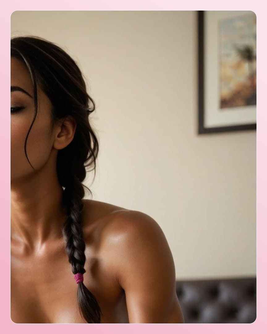 Long braid topless close-up indoors