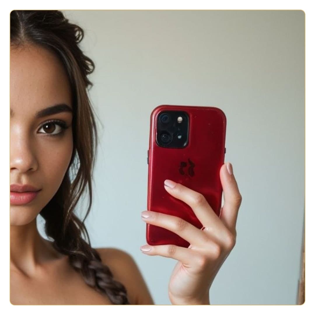 Young adult topless selfie close-up