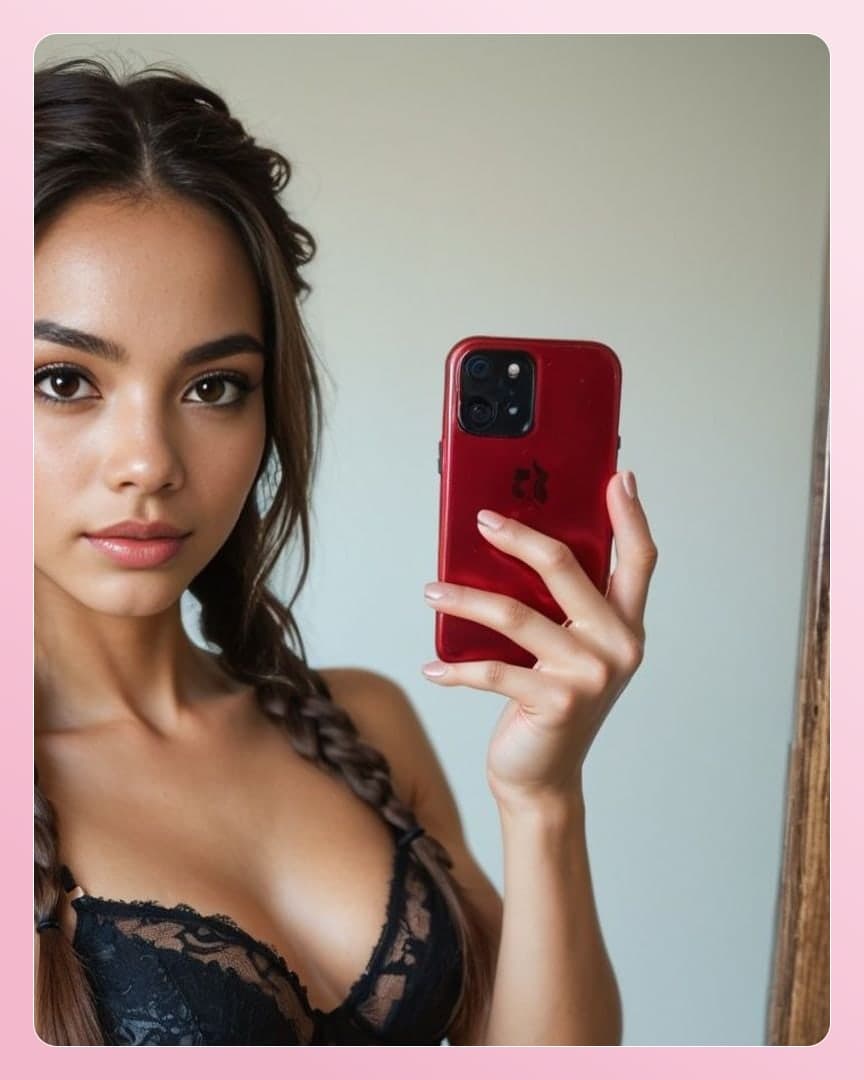 College girl mirror selfie in lace bra