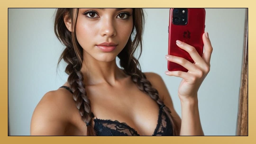 Black lace bra selfie close-up