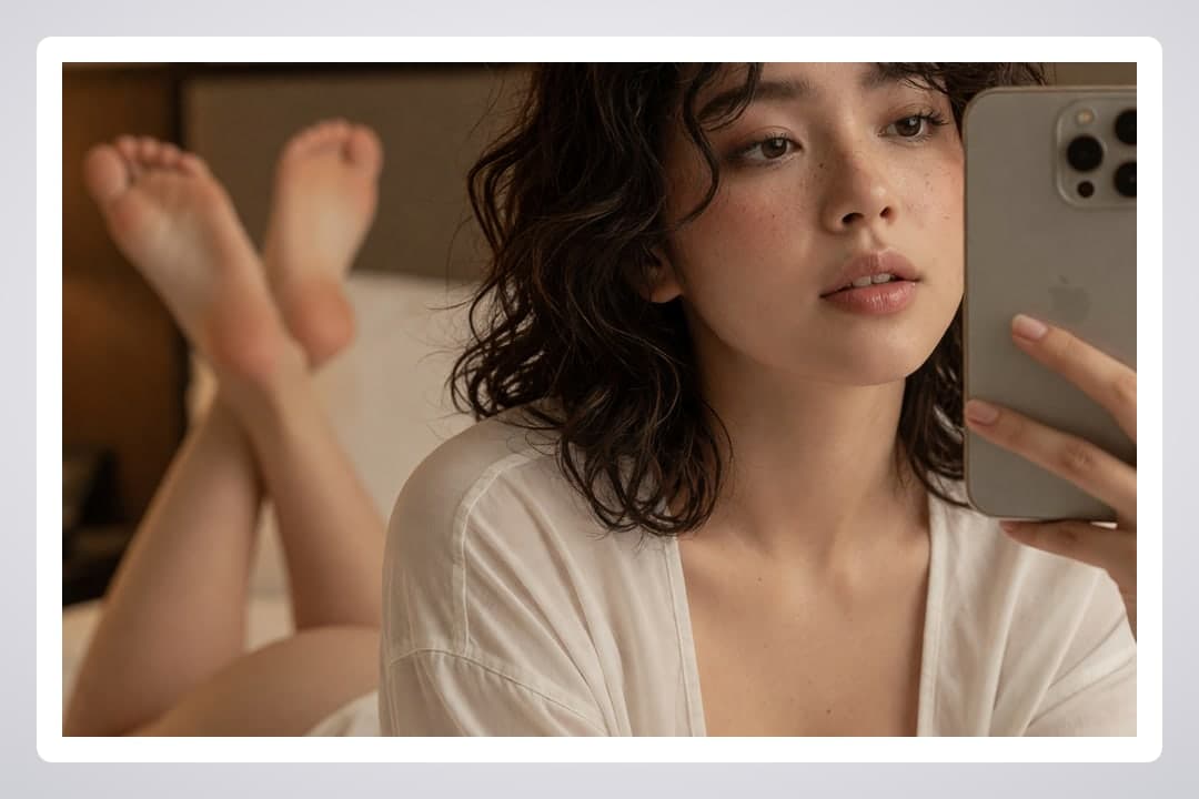 College age Asian selfie in bed