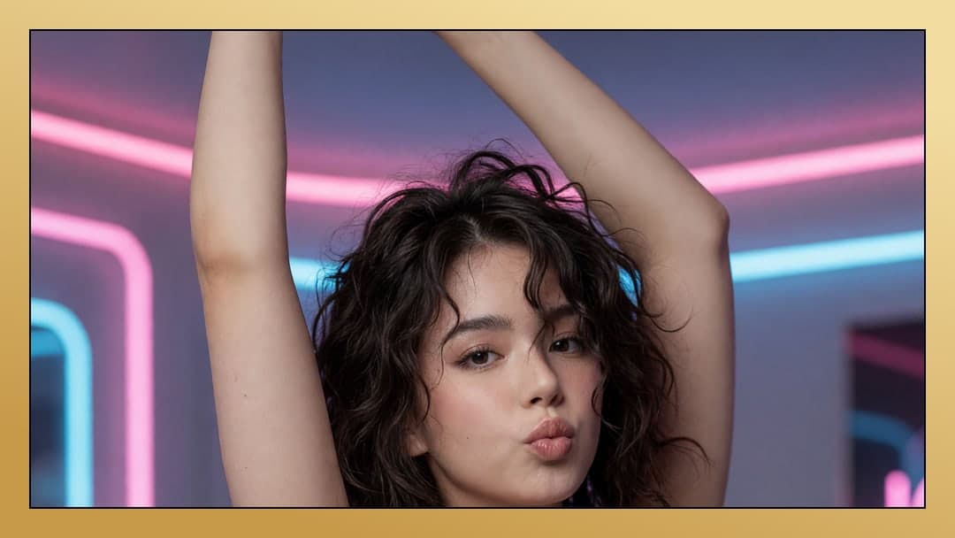 Neon selfie arms up kiss