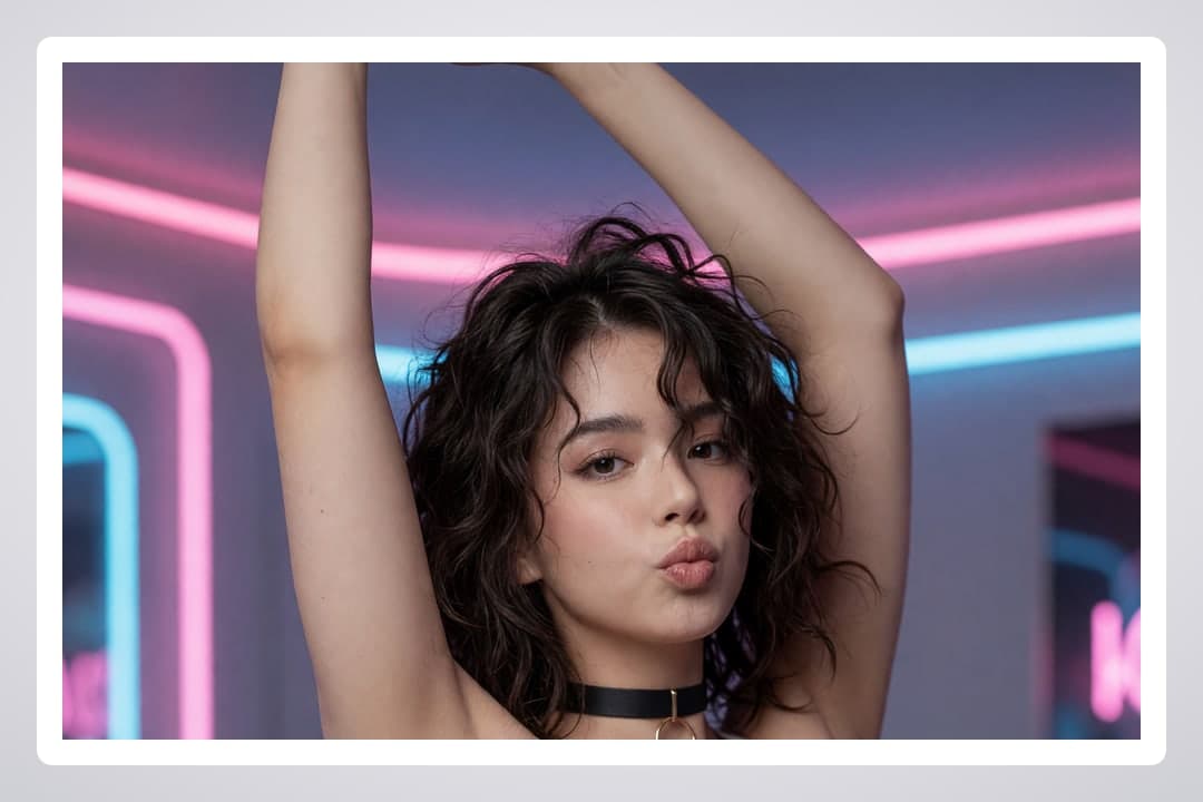 Topless neon selfie with arms up
