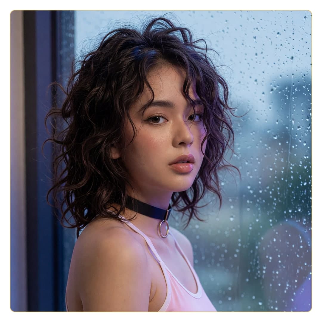 College Asian rainy window portrait