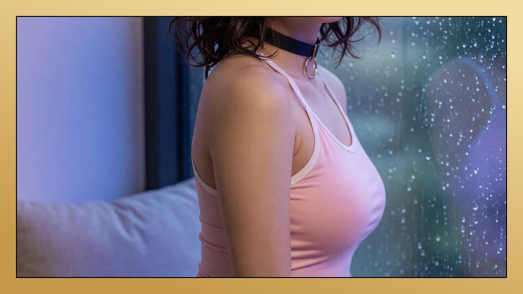 Young adult Asian cleavage window