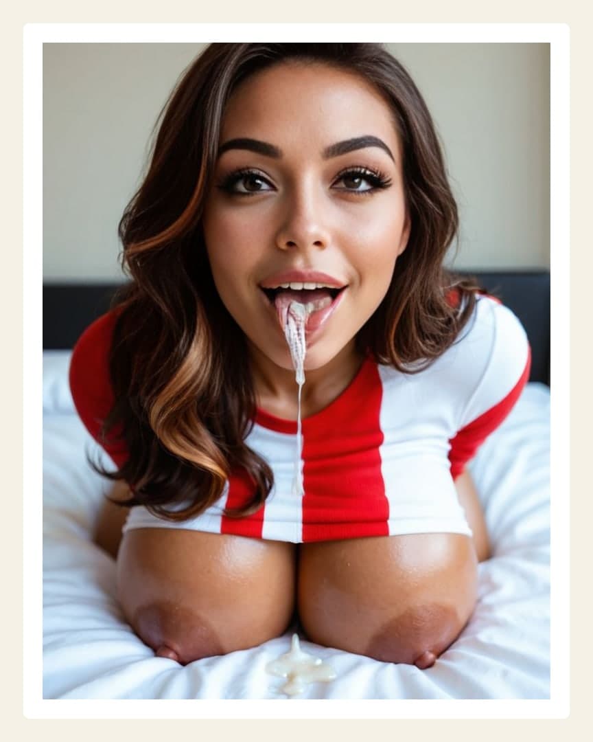 Brunette wavy hair cum on tongue