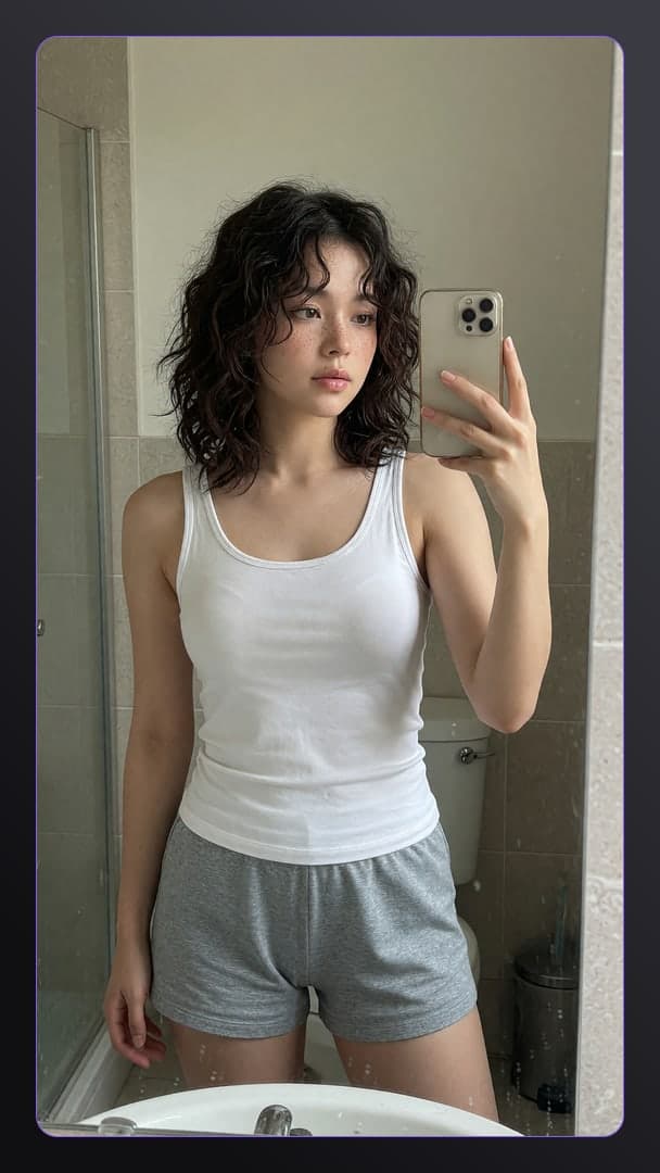 Bathroom mirror selfie in tank top