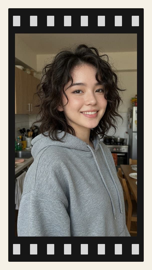 Asian woman in oversized hoodie kitchen