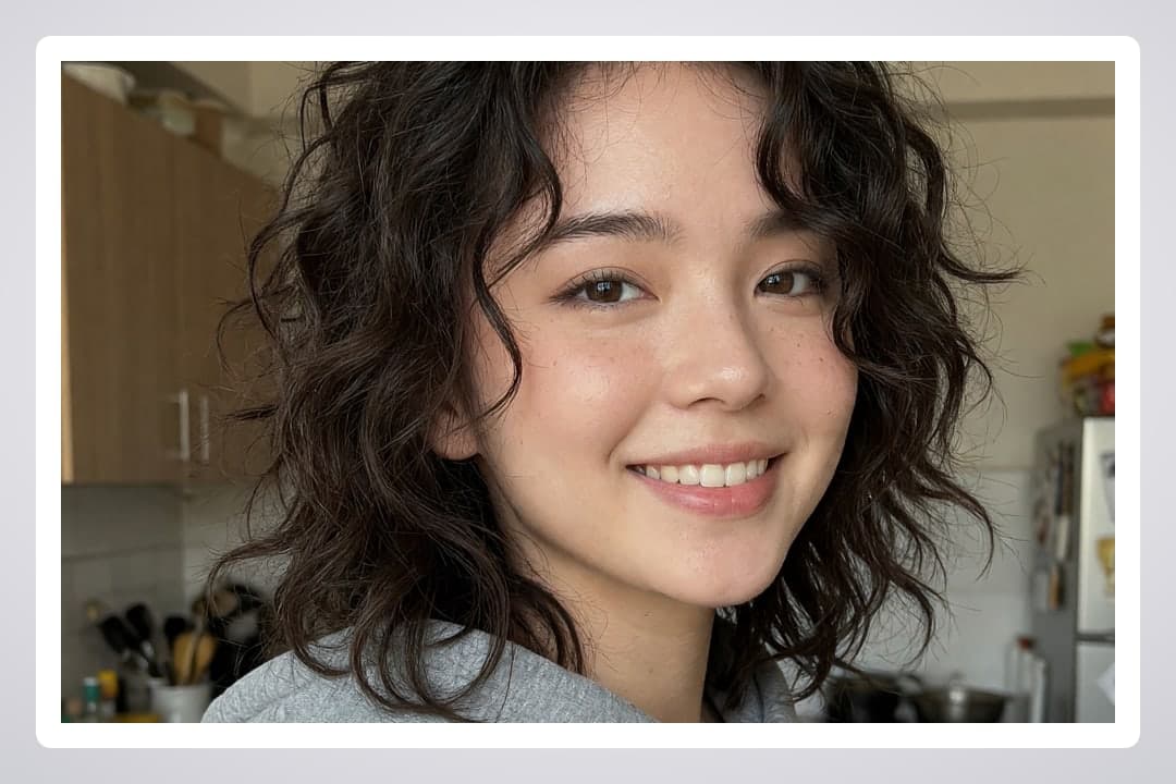 Asian brunette kitchen smile