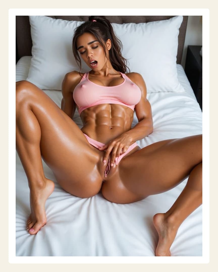 Athletic Asian body spread on bed
