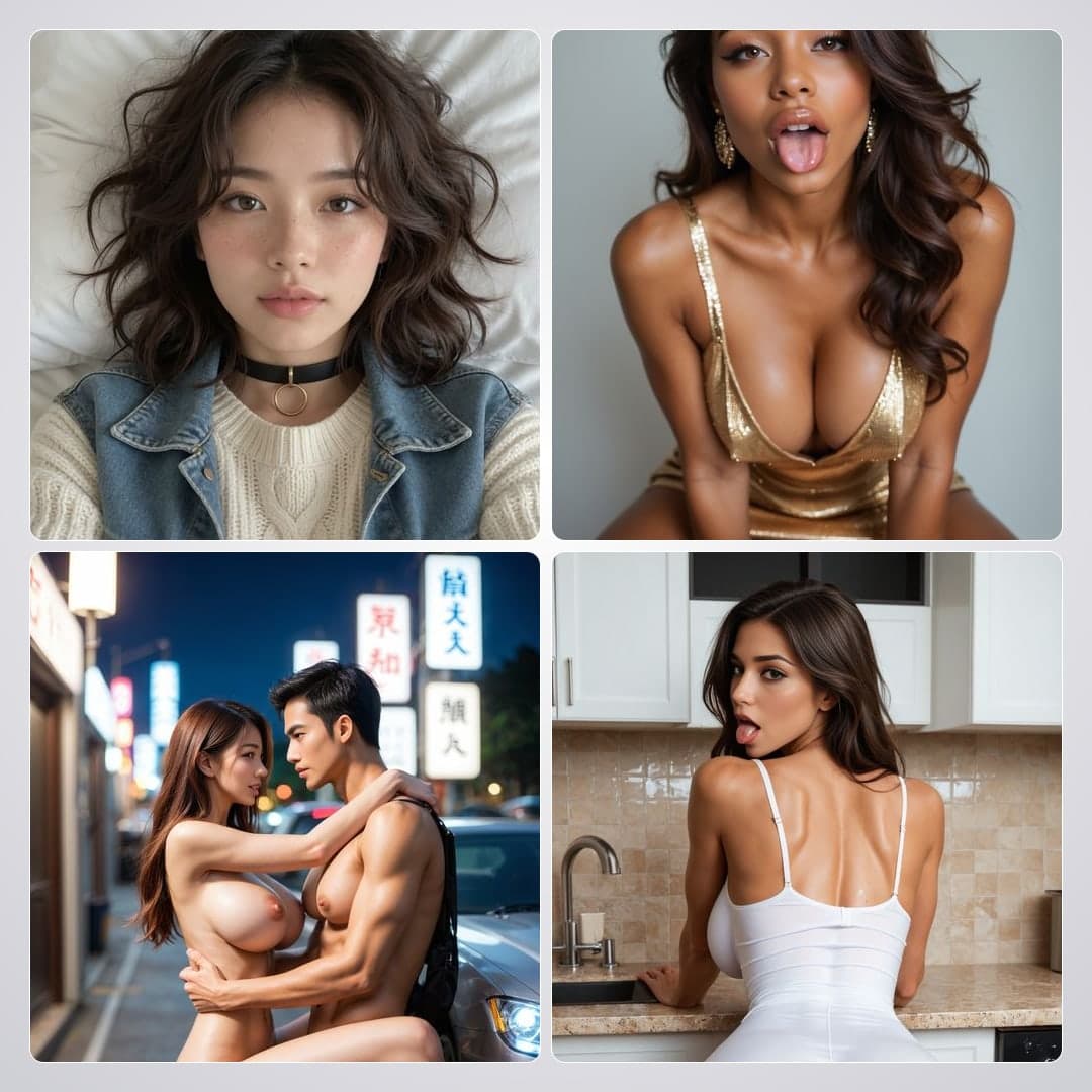 Wavy brunette collage with tongue out
