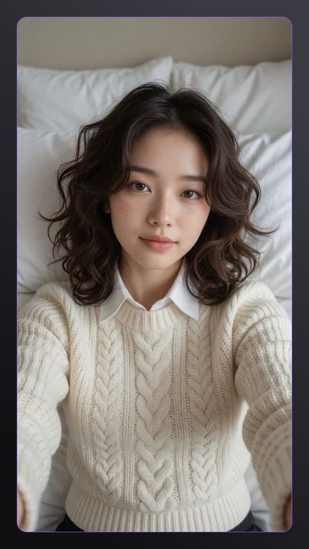 Above angle sweater selfie in bed