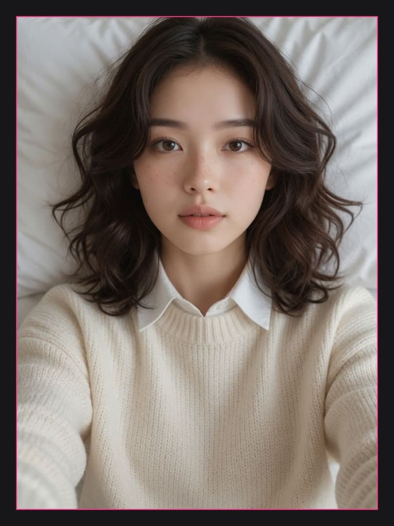 Young Asian selfie in cream sweater