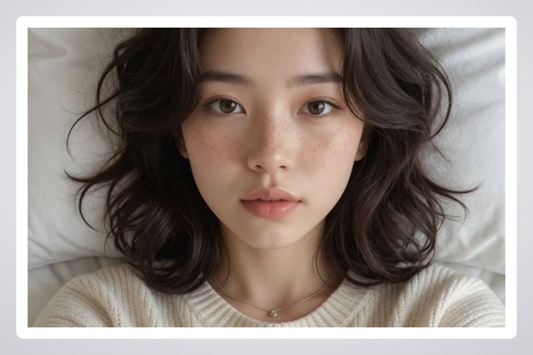 Asian woman selfie on white bed