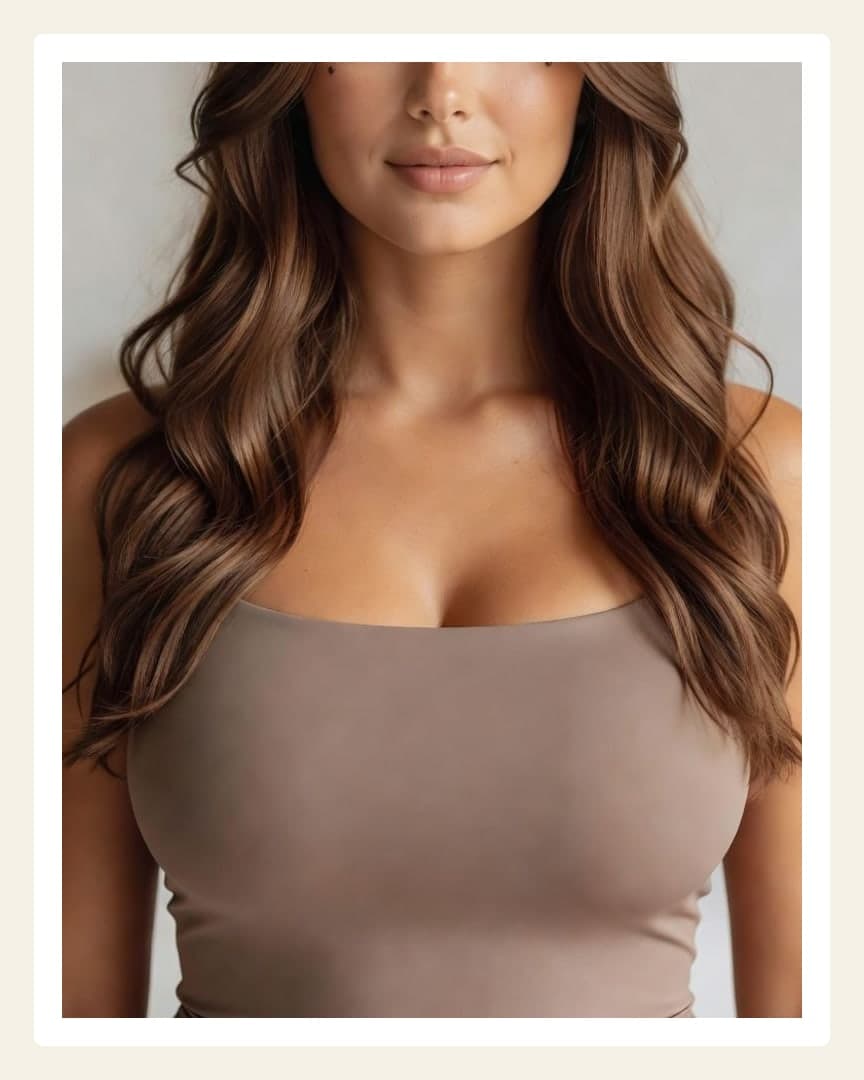 Taupe top cleavage studio close-up