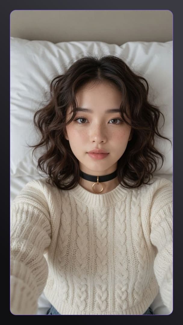 Overhead sweater selfie in bed