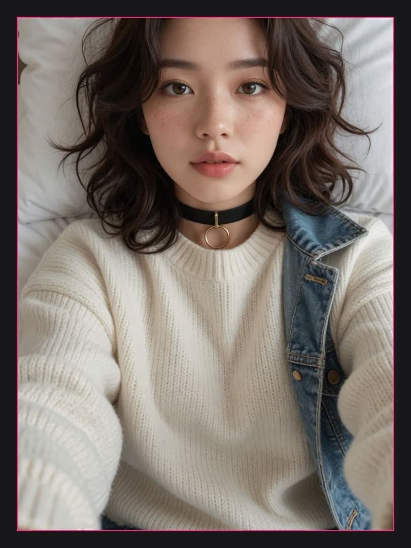 Young adult selfie on white sheets