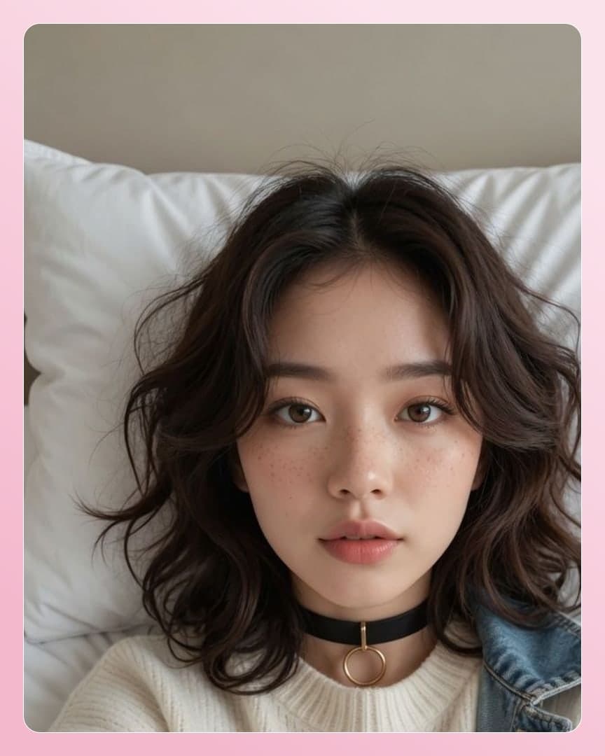 Waist up selfie on white pillows