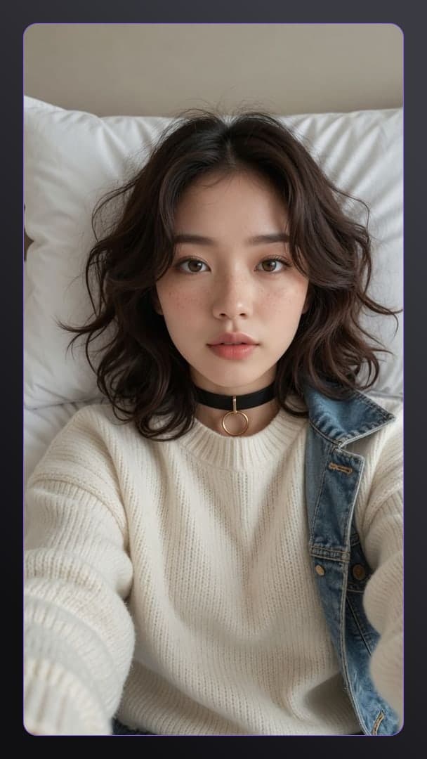 Young Asian selfie on white pillows