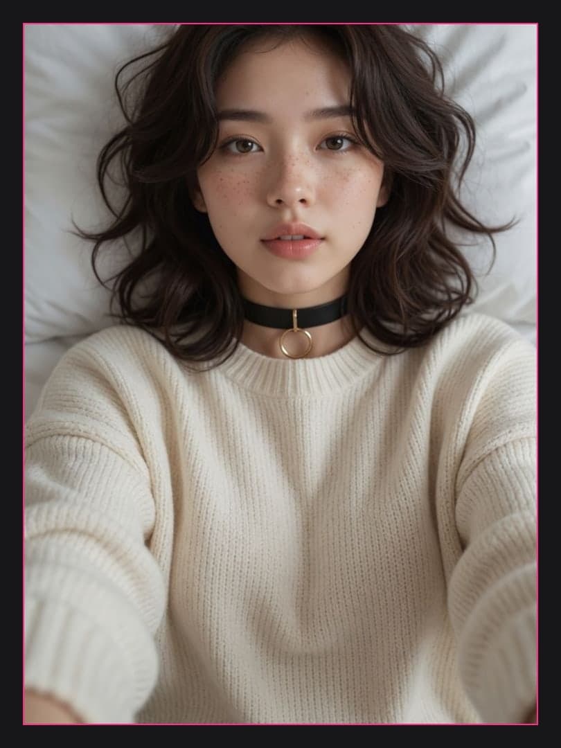 Off shoulder sweater selfie in bed