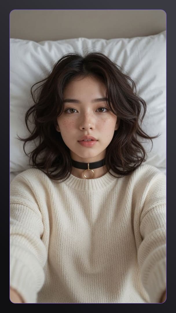 Wavy brunette selfie from above in bed