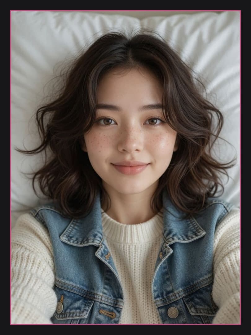 Wavy brunette on white sheets