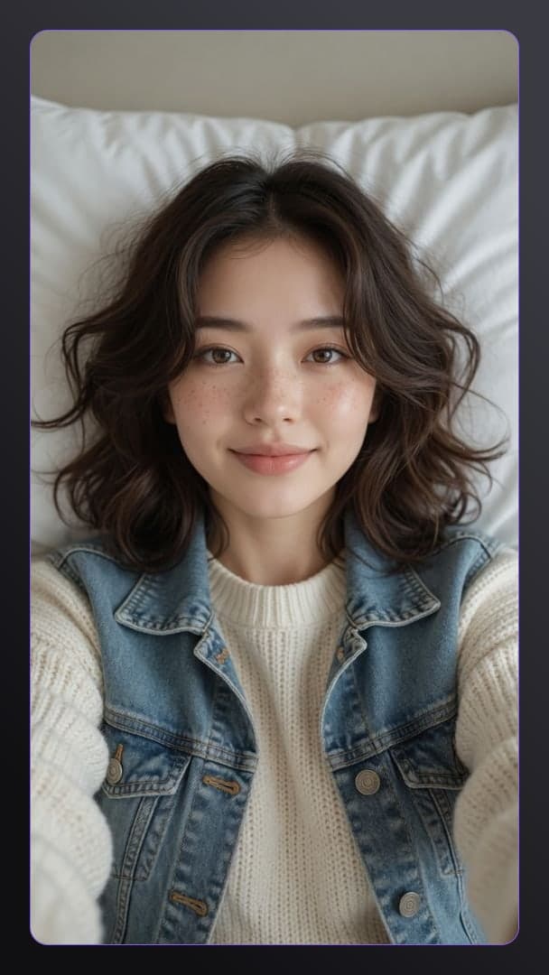 Slim Asian in cream sweater bedroom selfie