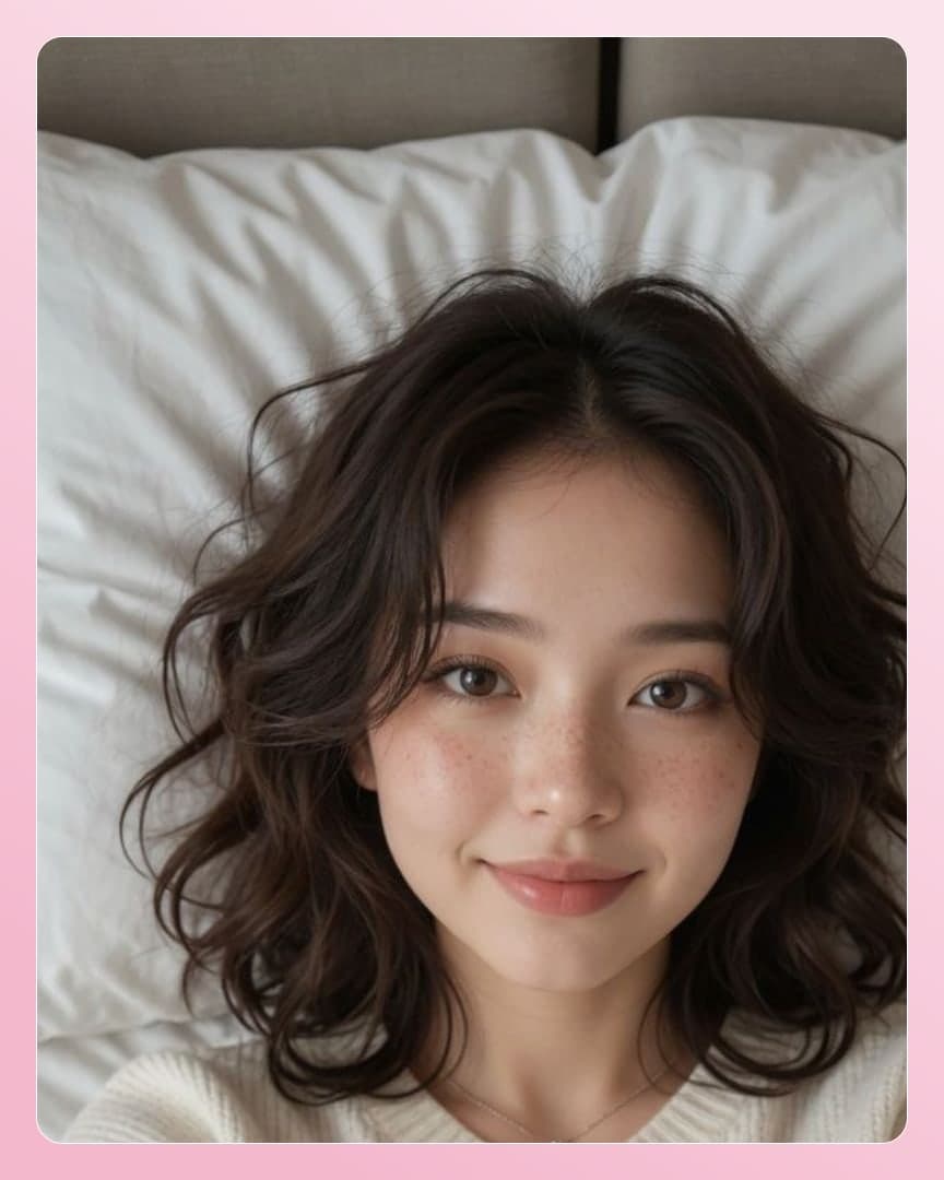 Wavy brunette lying on bed