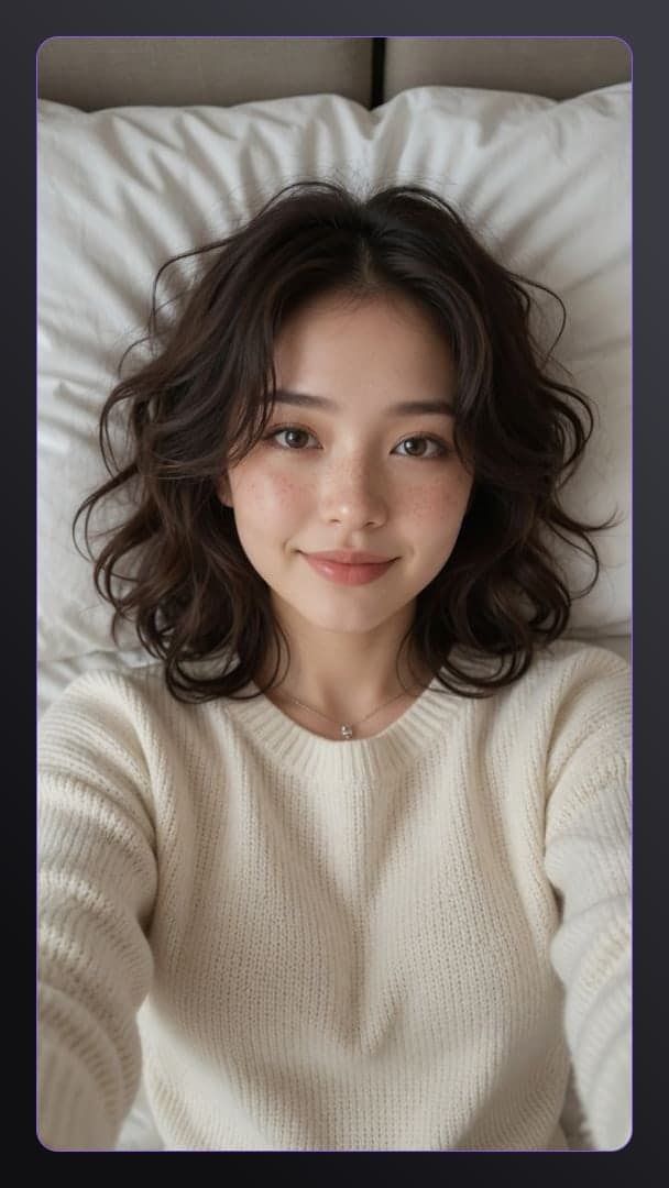 Bed selfie in off-white sweater