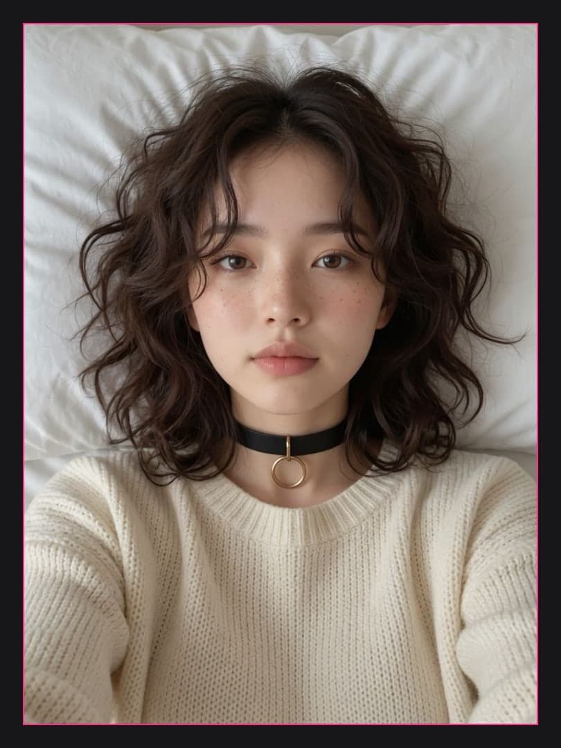 Full body selfie on white bed