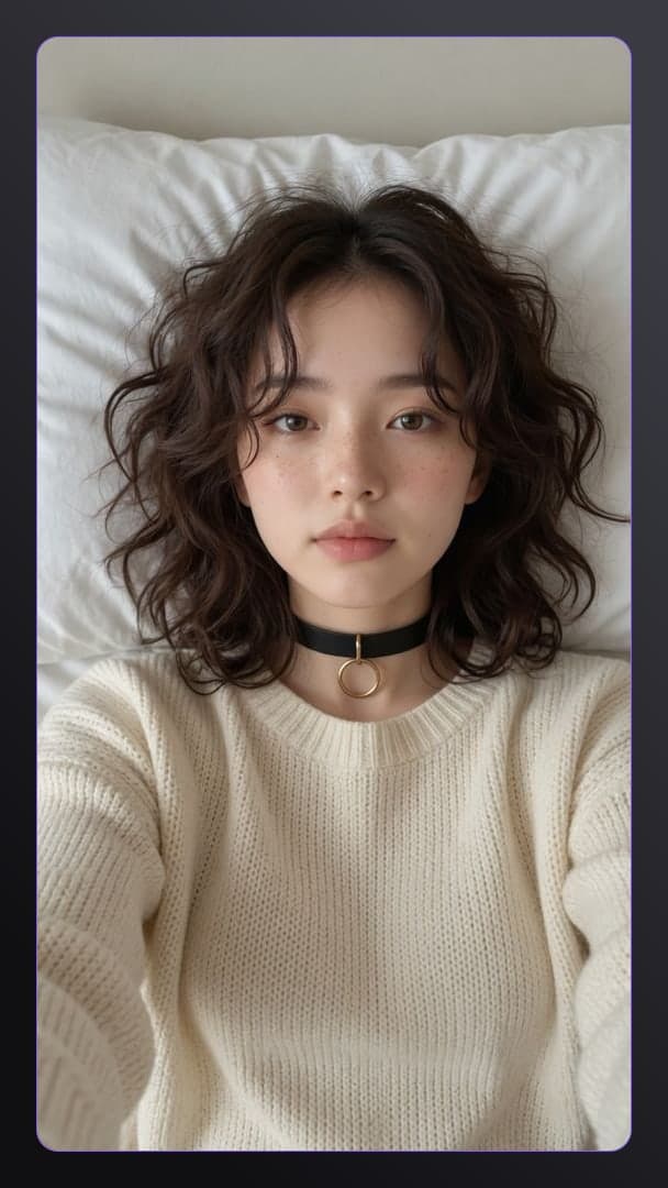 Wavy brunette bedroom selfie