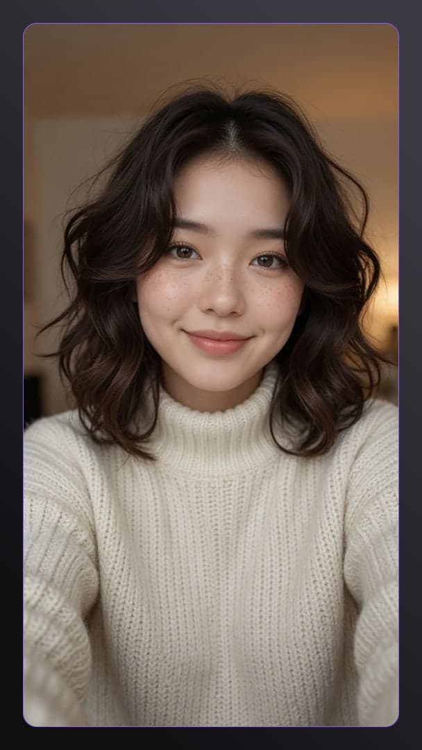 Low angle turtleneck selfie close-up