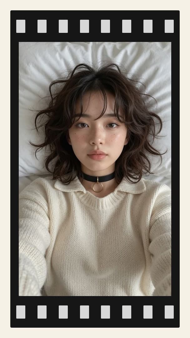 Above view sweater selfie in bed