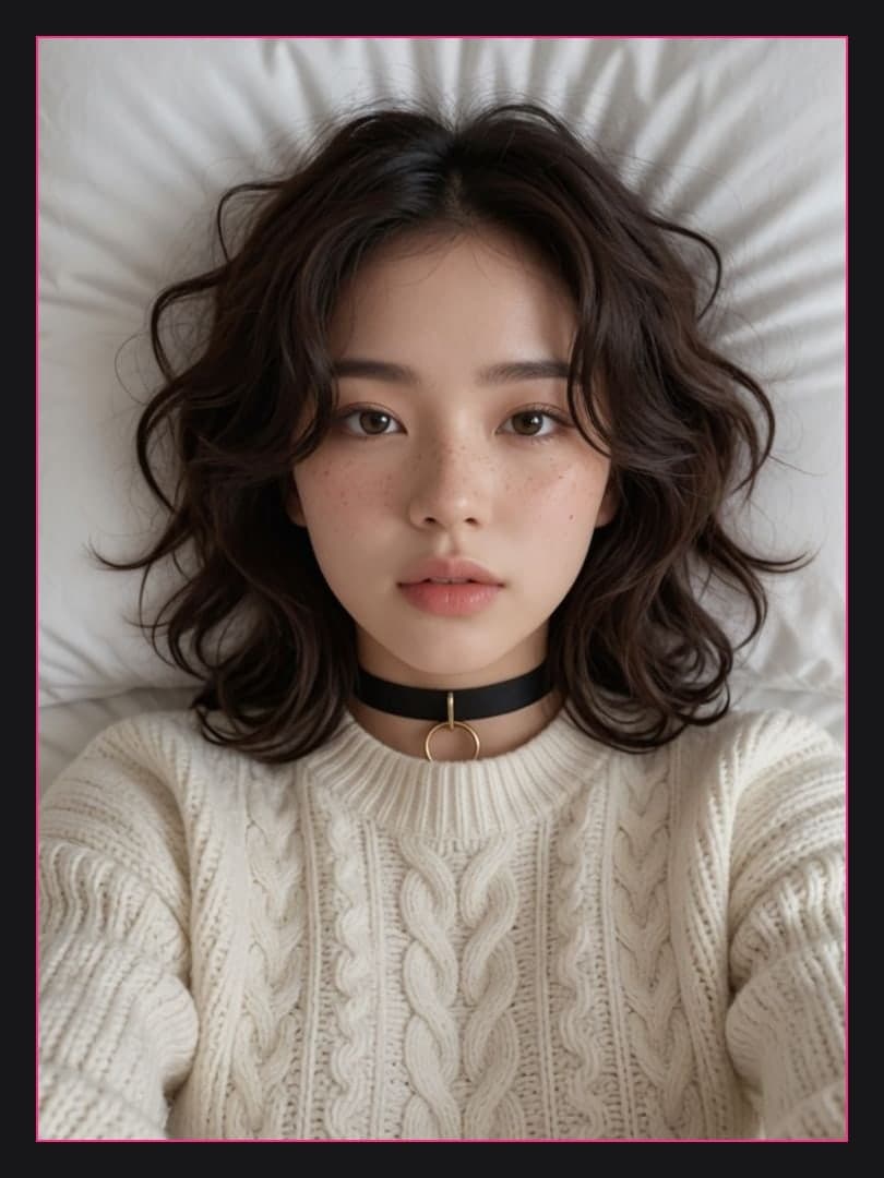 Slim Asian in white sweater selfie