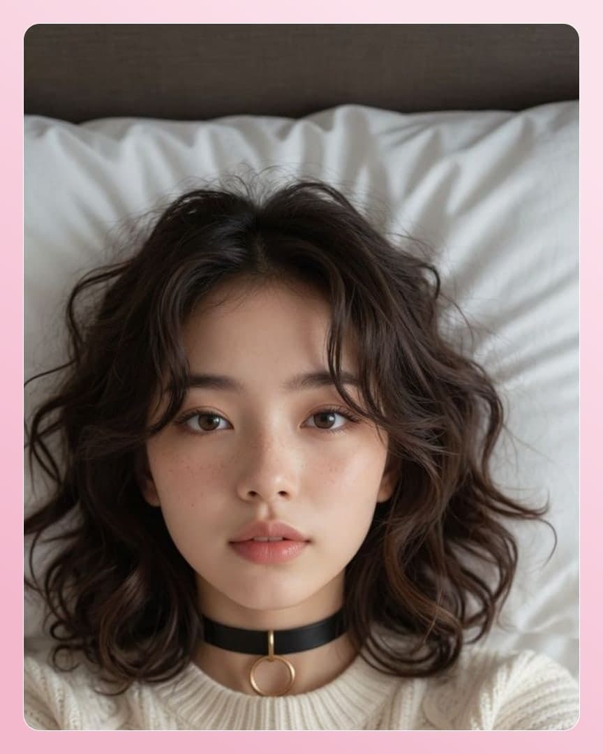 Cream sweater bed selfie close-up