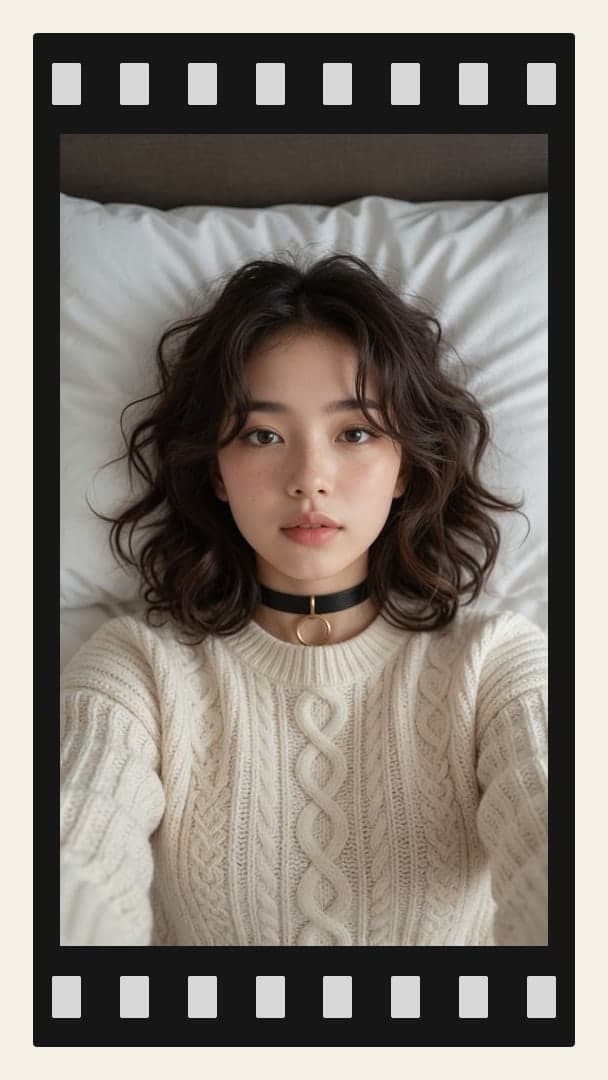 Bed selfie in cable knit sweater