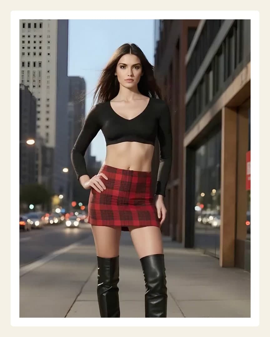 Athletic brunette in plaid skirt
