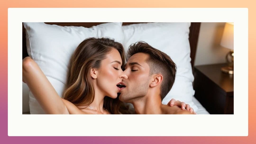 Topless brunette kissing in bed