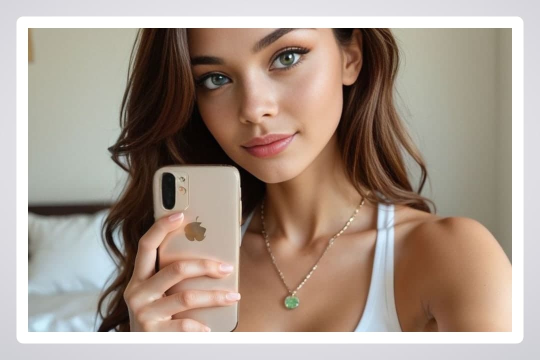 Green eyed brunette bedroom selfie